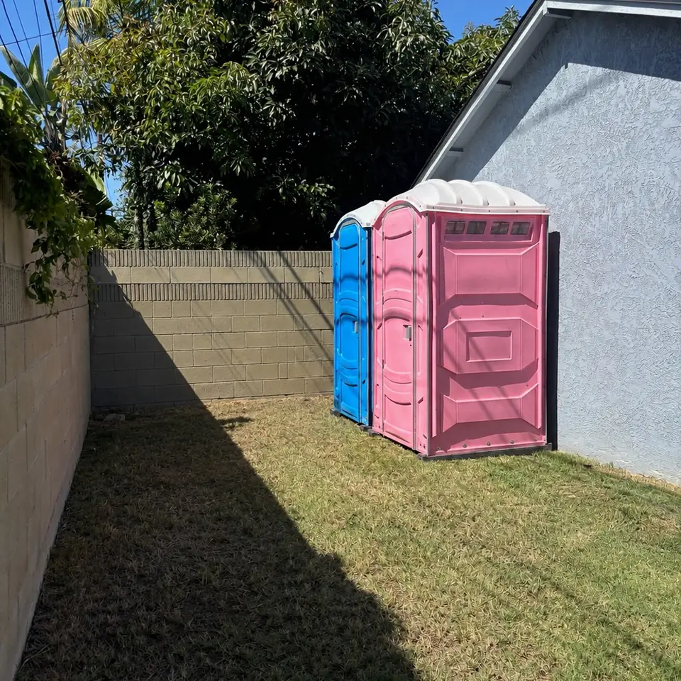 Pink and blue porta potties in a backyard