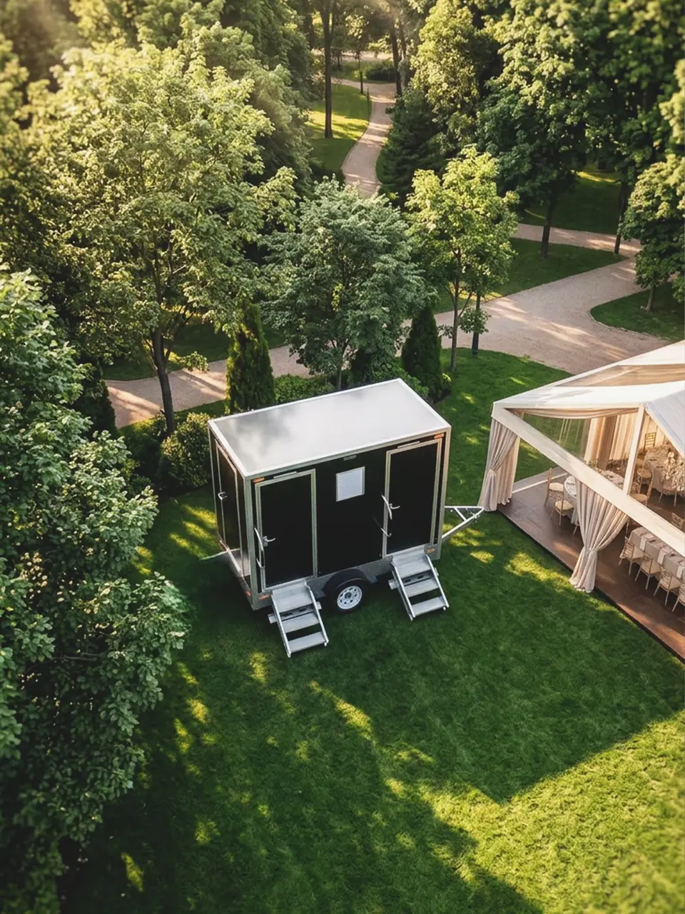 Restroom trailer parked on a green lawn beside a white wedding tent
