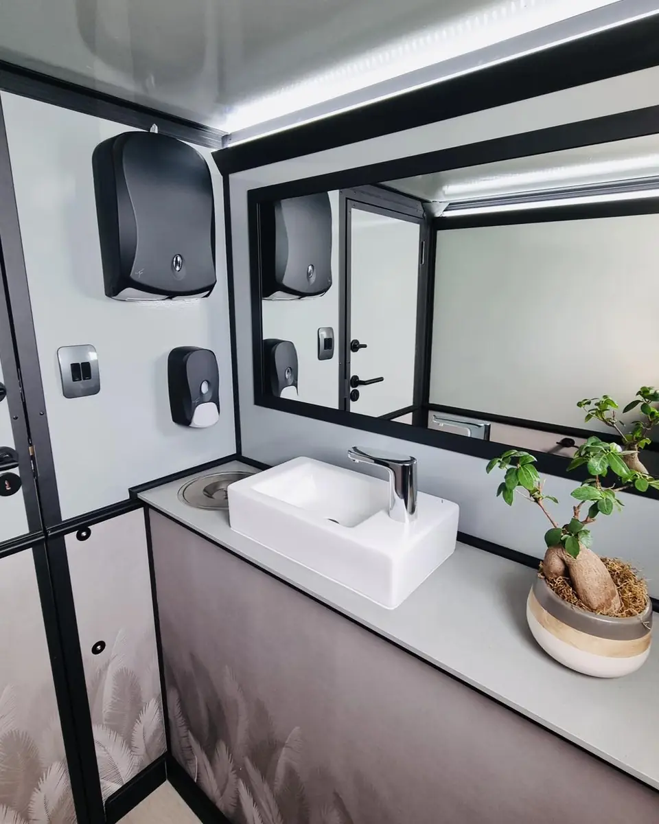 Trailer vanity with a white sink, soap dispenser, mirror and a small plant